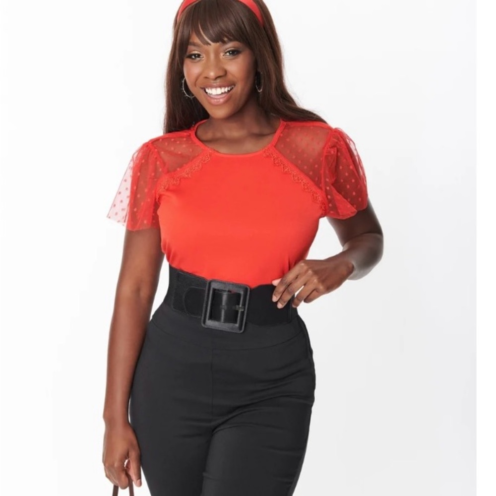 Unique vintage red flutter sleeve knit top
